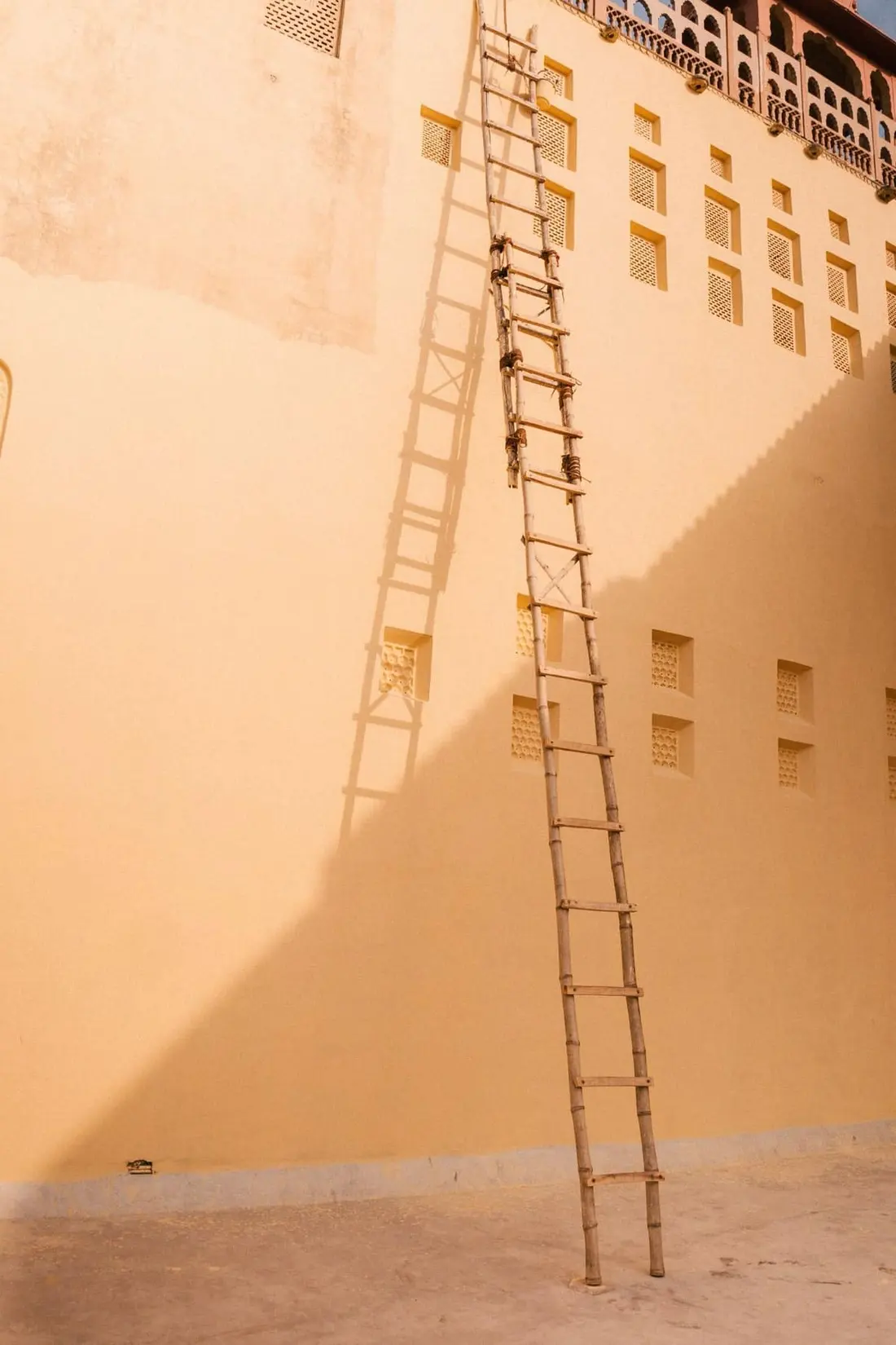 Wooden and bamboo ladders resting against a wall